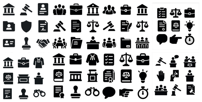 Legal and justice filled icons set – solid, courtroom, legal symbols