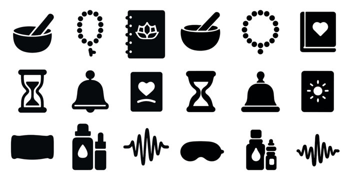 Meditation and wellness silhouette icons set – filled, mindfulness, relaxation symbols