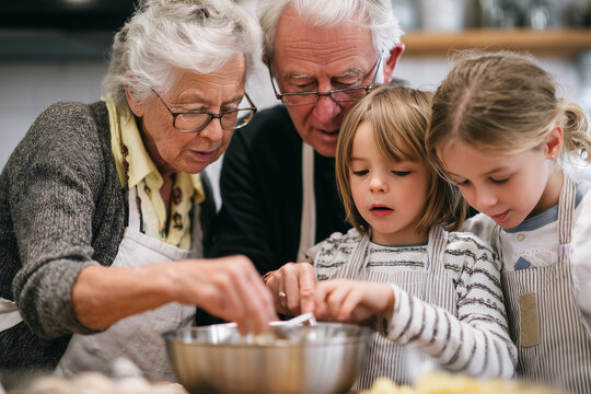 Elderly couple teaching grandchildren a family soup recipe step-by-step,