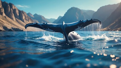 A whale breaching the water with mountains in the background. Marine life and natural landscape scene. Marine ecology and wildlife. The concept of ocean and aquatic life.