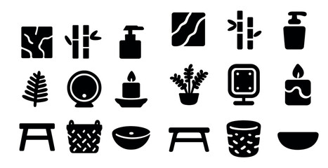 Home spa and relaxation solid icons set – wellness, bath, self-care symbols