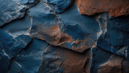 Naklejka premium Close-up of rugged rocks with varying shades of blue and brown, showcasing textured and layered stone surface.