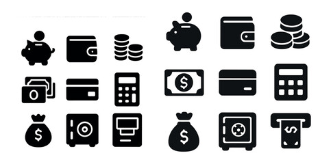Finance and money solid icons set – banking, currency exchange, payment symbols