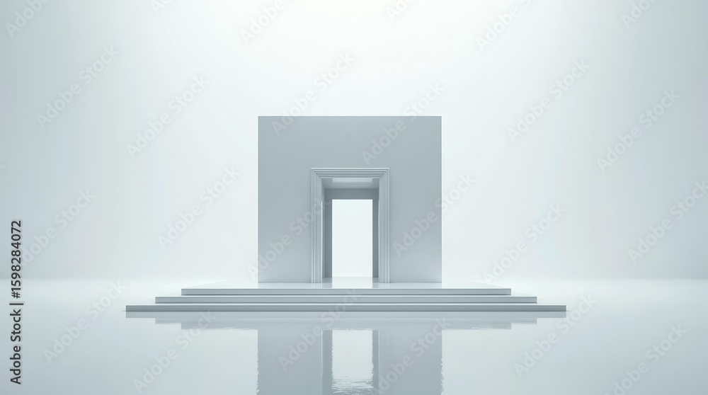 Poster floating mirrored temple in white void with perfect reflection, ideal for futuristic branding or spi