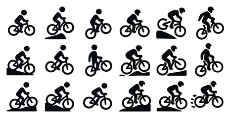 Cycling sports icons set - solid, silhouette, biking and exercise symbols