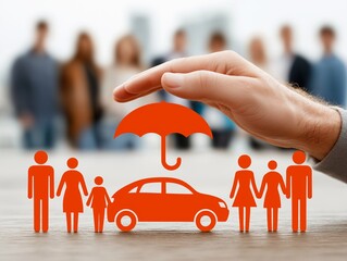 Symbolic of protection, a hand shields figures representing family and a car under an umbrella, embodying security and peace of mind in life and ownership. generative ai illustration