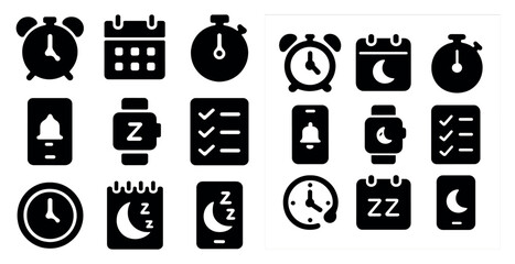 Time management solid icons set – silhouette, clock, alarm and schedule symbols