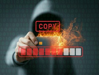 Data Breach & Burning Credit Card: A hooded figure grips a credit card ablaze with digital fire, a visual representation of data breaches and cyber fraud.generative ai illustration