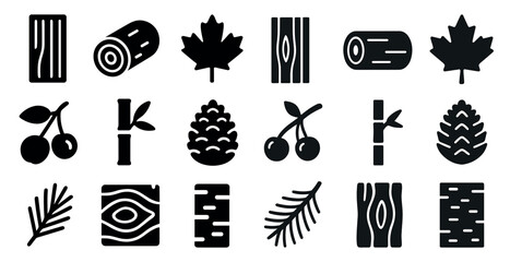 Nature and forest solid icons set – filled, woodland, outdoor activity symbols