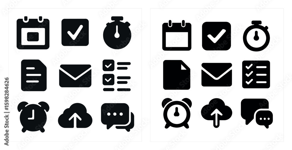 Poster office productivity solid icons set – flat, filled, task management symbols