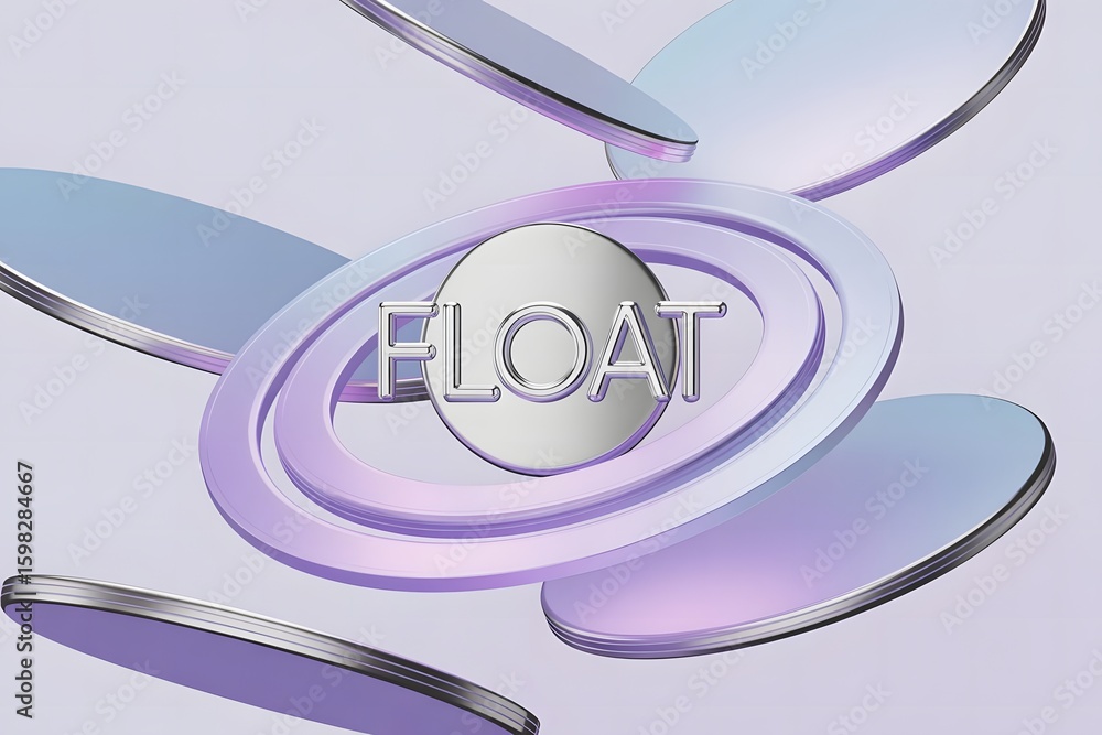 Fototapete abstract 3d render of the word float in silver surrounded by floating iridescent rings and discs on 