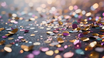 Colorful Glitter Confetti Laying on Dark Surface with Soft Blurred Background