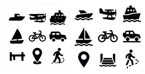 Transportation solid icons set – travel, vehicle, map and location symbols