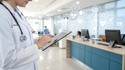 Doctor using tablet in modern hospital reception area
