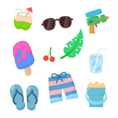 Cute flat design summer and beach essentials: inflatable flamingo, watermelon, swimwear, sunscreen, beach toys, drinks, and more for a sunny vacation.