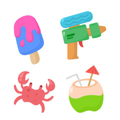 Cute flat design summer and beach essentials: inflatable flamingo, watermelon, swimwear, sunscreen, beach toys, drinks, and more for a sunny vacation.