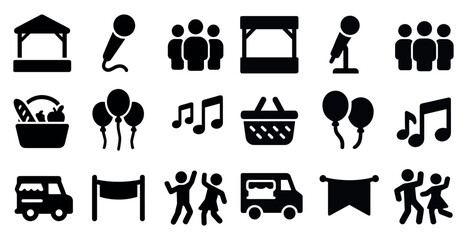 Event and festival solid icons set – flat, filled, celebration and party symbols