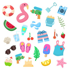Cute flat design summer and beach essentials: inflatable flamingo, watermelon, swimwear, sunscreen, beach toys, drinks, and more for a sunny vacation.