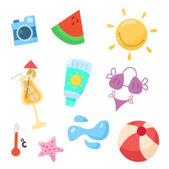 Cute flat design summer and beach essentials: inflatable flamingo, watermelon, swimwear, sunscreen, beach toys, drinks, and more for a sunny vacation.