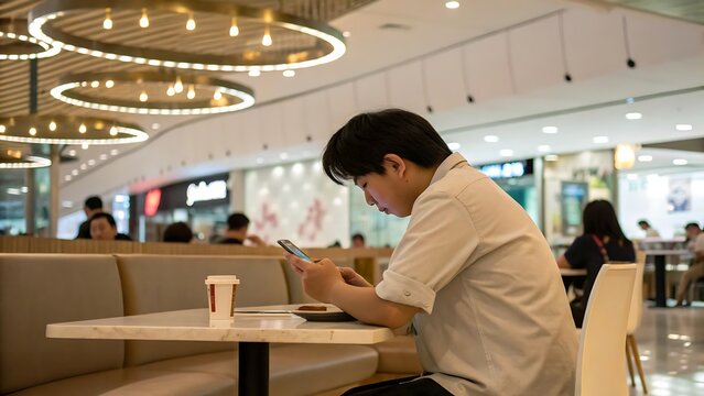 Young man focused on his laptop in a modern cafe with stylish lighting