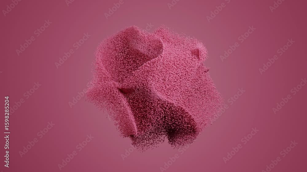 Poster dynamic abstract pink particle cloud in chaotic motion over a bright pink background, featuring comp