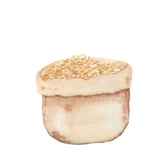 A sack filled with golden wheat grains. Watercolor illustration isolated on white background. Hand painted clip art. Perfect for packaging, farm market ads, bakery branding, or organic product labels