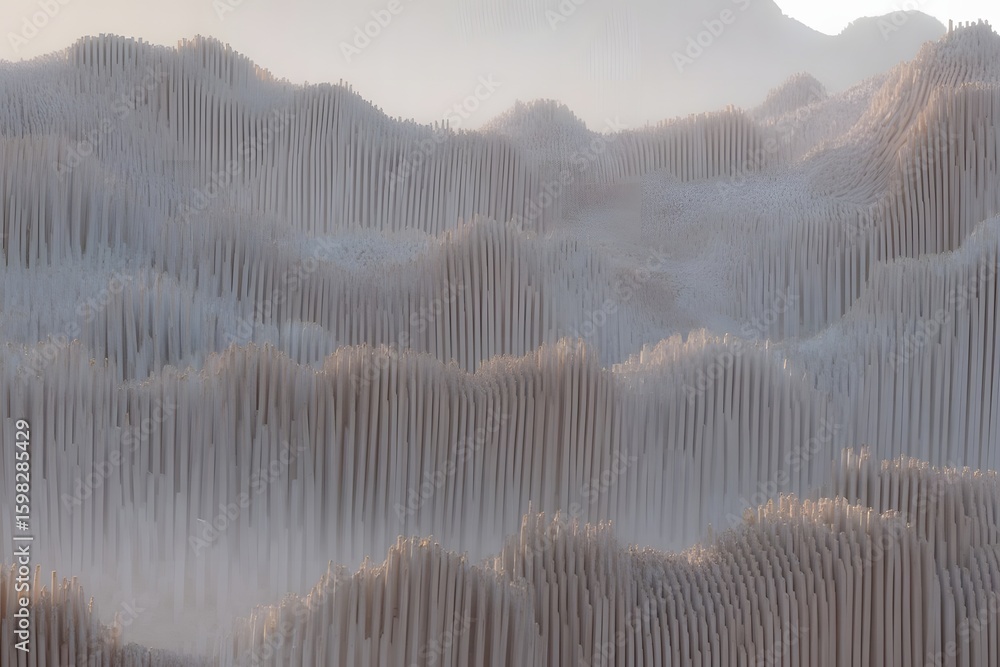 Poster abstract landscape with white vertical lines resembling mountains under a soft light a minimalist an