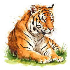 Watercolor Illustration of a Tiger Lying on Grass