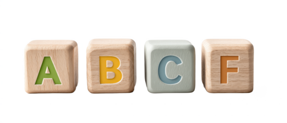 Four wooden blocks with letters A, B, C, and F in different colors on their faces.