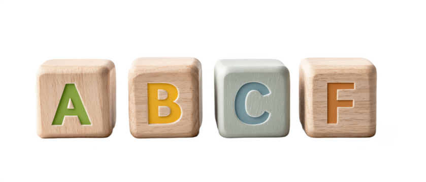 Four wooden blocks with letters A, B, C, and F in different colors on their faces.