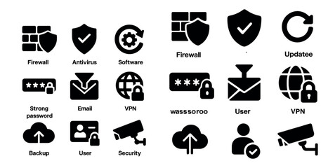 Obraz premium Cybersecurity solid icons set – flat, filled, firewall and protection symbols