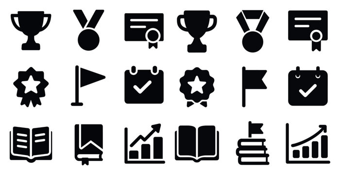 Achievement and awards solid icons set – badge, certificate, recognition symbols