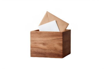 A wooden box holding a white card and a brown envelope, positioned upright.