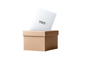 A white ballot paper marked "VOTE" is being inserted into a simple, square, beige voting box.