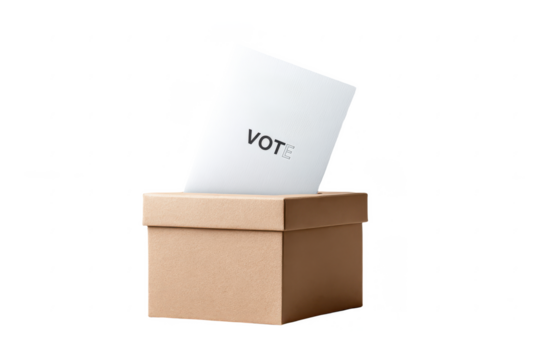 A white ballot paper marked "VOTE" is being inserted into a simple, square, beige voting box.