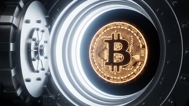 Futuristic vault door opening to reveal single glowing Bitcoin, dark background, no text