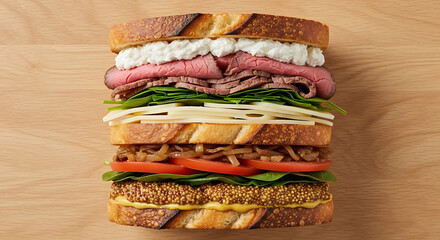 A top-down view of a large, layered gourmet sandwich with various ingredients, including roast beef, cheese, spinach, tomatoes, and mustard, on a wooden background.