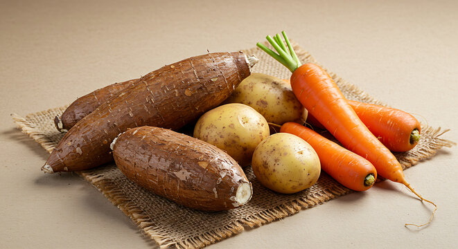 A still life of various fresh root vegetables, including two cassava roots, potatoes, and carrots, resting on a rustic burlap cloth against a neutral background.