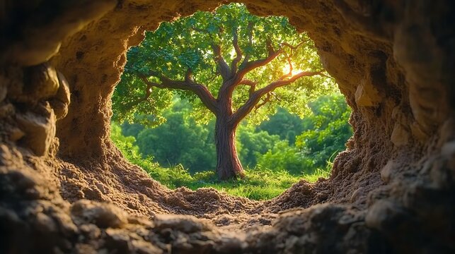 Sunlight filters through a cave opening onto a verdant landscape.