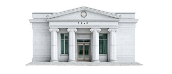 A classical bank building with four large columns, a triangular pediment, and a central entrance marked by the word "BANK.