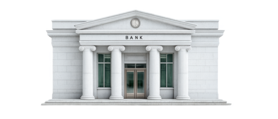 A classical bank building with four large columns, a triangular pediment, and a central entrance marked by the word "BANK.