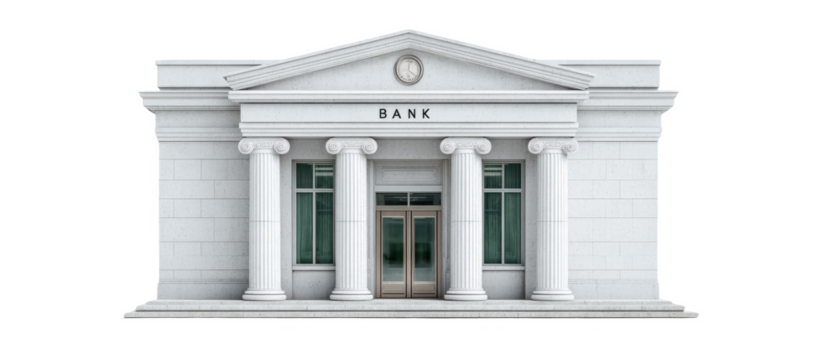 A classical bank building with four large columns, a triangular pediment, and a central entrance marked by the word "BANK.