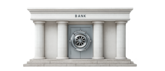 A classical bank building with four large columns and a prominent vault door at the center.