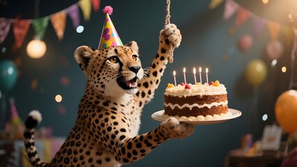 Playful Leopard Wearing Birthday Hat Holding Cake with Candles in Festive Party Setting