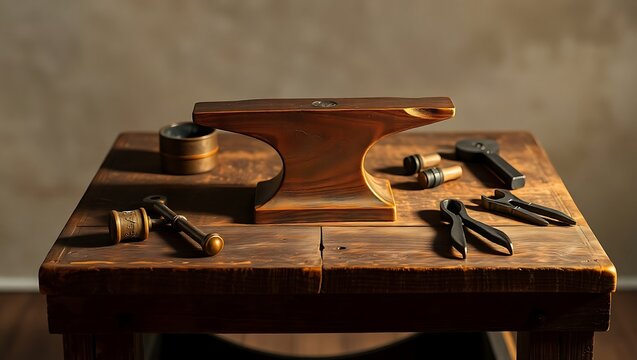 A still life of a small anvil and various tools arranged on a wooden table in a studio setting