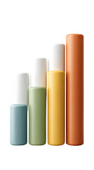 Four pastel-colored cylindrical containers with white caps arranged in ascending height order.