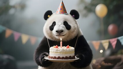 Playful Panda Wearing Party Hat Holding Birthday Cake with Candles and Colorful Decorations