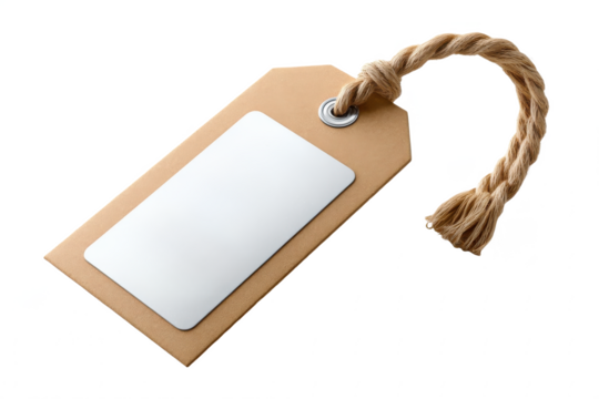 A rectangular brown paper tag with a white center label and a twisted beige rope looped through a metal eyelet on one end.
