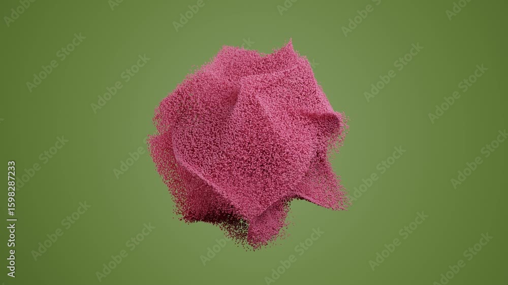 Poster abstract chaotic pink particle cloud swirling over soft green background, seamless 3d animation with