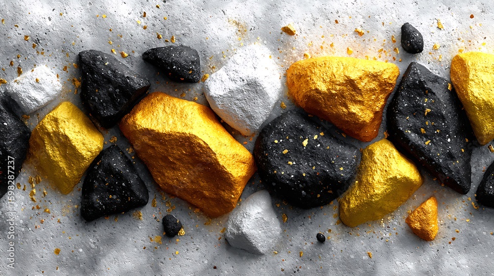 Poster abstract terrazzo background with a smooth, polished surface and randomly distributed black, gold, a